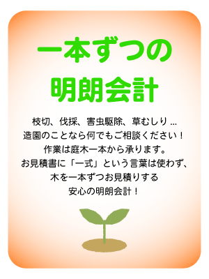 一本ずつの明朗会計 枝切、伐採、害虫駆除、草むしり... 造園のことなら何でもご相談ください！ 作業は庭木一本から承ります。 お見積書に「一式」という言葉は使わず、木を一本ずつお見積りする安心の明朗会計！
